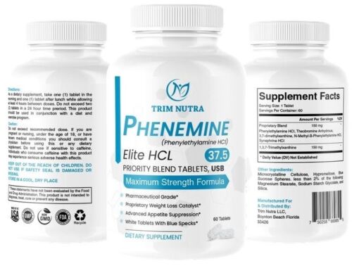 2 bottles Phenemine Elite 37.5 Max Strenght Appetite Suppressant and Fat Burner Diet Pill 2 bottles